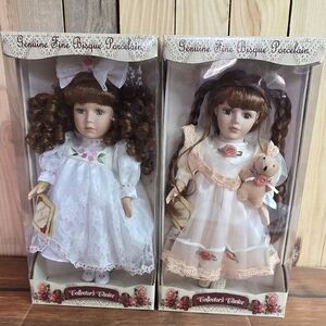 2 Porcelain Dolls - Curly Braided Brown Hair New